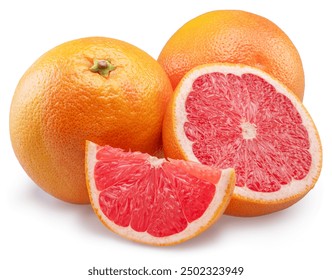 Red grapefruits and grapefruit slices on white background. File contains clipping path.