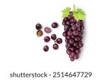 Red grapes with grape leaf isolated on white background. Top view. Flat lay. 