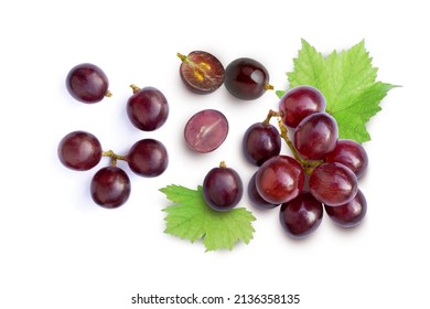 Red grapes with green leaves and half sliced isolated on white background. Top view. Flat lay. Grape pattern texture background.  - Shutterstock ID 2136358135
