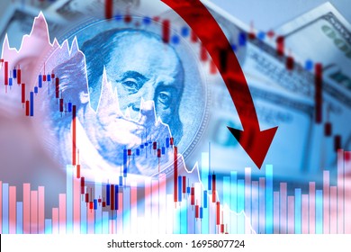 Red Graph And Arrows On The Background Of Dollars. The Fall Of The Economy. The Fall Of The Financial Market. Currency Market. Economic Crisis. The Dollar Is Going Down. Red Arrow Next To Franklin