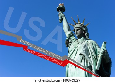 Red Graph With Inscription Crisis USA. Statue Of Liberty In Background. Financial Crisis In United States Of America. Crisis Of  American Economy. Concept - USA Financial Depresion  Due To Pandemic