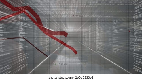 Red graphs moving over grid network against multiple screens with data processing. computer interface and technology concept