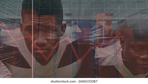 Red graphs moving over grid network against data processing and team of male rugby players. computer interface and sports technology concept