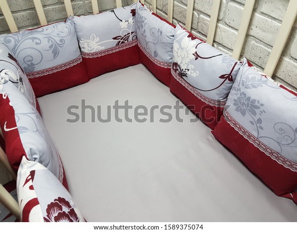 Red Gray Textile Pillows Babys Crib Stock Photo Edit Now 1589375074