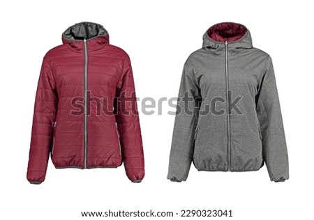 Red and gray warm quilted jacket. Reversible jacket. Bomber jacket on a white background. Isolated image on a white background. Photo on a mannequin.