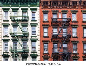Red and Green Apartment Buildings in the East Village of Manhattan, New York City
