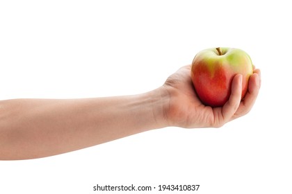 red green apple in hand path isolated on white