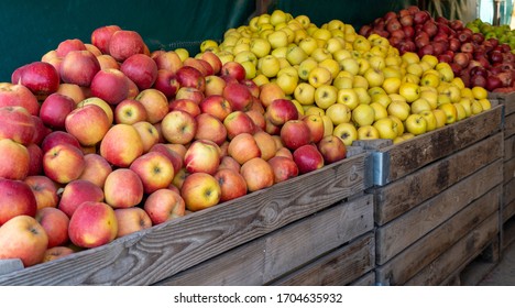 Red And Green Apples On The Market Counter. Apples In Wooden Boxes On The Grocery Shelf. Close Up.