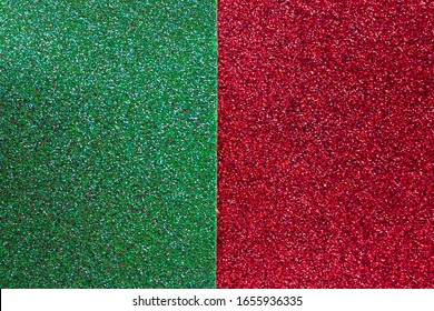 Red And Green Background. Glitter Texture