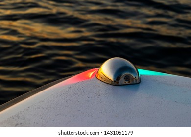 Red And Green Boat Navigation Lights. Marine Navigation Equipment. Glass Signal Light On The Passenger Fishing Boat.