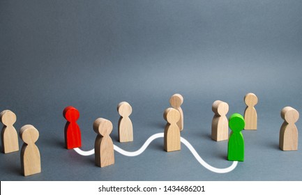 The red and green figures are connected by a white line passing through the crowd. Communication between people, search, capture, acquaintance. Find your soul mate. Job detective or headhunter - Shutterstock ID 1434686201