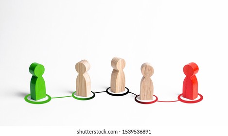 Red and green figures of people establish contact through intermediaries, friends and acquaintances. Luring people to their side, imposing their opinions. The fight for the minds. Elections. - Shutterstock ID 1539536891