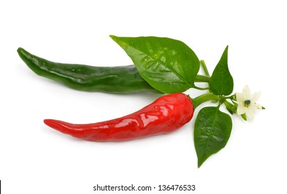 Red and green hot peppers with leaf isolated on white background - Shutterstock ID 136476533