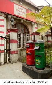 Red And Green Mailboxes Near Post Office In Darjeeling, India.