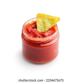 Red and green salsa with tortilla chips isolated on the white background. - Shutterstock ID 2234675675