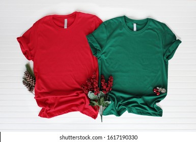 Red & Green Tshirt Mockup With Shirt Boots And Jeans. Christmas Mock Up