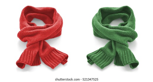 Red and green warm scarves on a white background.