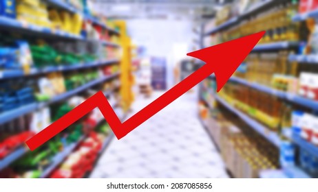 Red Growing Up Arrow On Abstract Blur Image Of Supermarket Background. Bar Charts And Graphs. Rising Food Prices. Inflation Concept. Retail Industry. Finance And Economy. Stock Market. Shop.