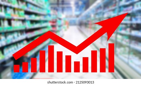 Red growing up arrow on abstract blur supermarket shelf background. Bar charts and graphs. Rising consumer prices. Inflation concept. Retail industry. Finance and Economy. Stock Market. Store. CPI - Powered by Shutterstock