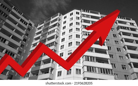 Red Growing Up Large Arrow On Residential Building Monochrome Background. Rising Prices For Purchase, Sale And Rental Of Real Estate. Flat. Bar Chart And Graph. Interest Rate Increases. Apartment.