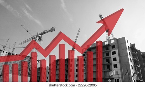 Red growing up large transparent 3d arrow on construction site monochrome background. Bar chart and graph. Interest Rate Increases. Apartment. Industry crisis concept. Inflation. Flat Rising prices. - Powered by Shutterstock