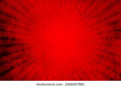 Red grunge background with sunburst. Red rays background