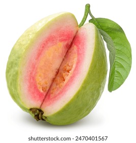 Red guava fruit with leaf isolated on white background, Fresh Red guava on White With clipping path.