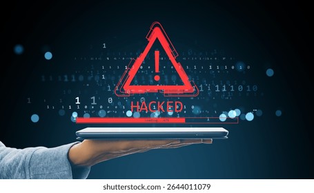 Red hacked alert icon with exclamation mark above a tablet held by a hand, glowing binary code on dark background, concept of digital data breach