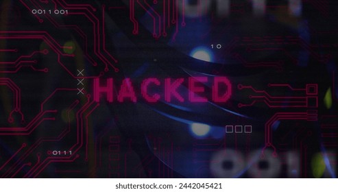 Red HACKED text overlays a digital circuit board background. The visual suggests a cybersecurity breach or a compromised computer system. - Powered by Shutterstock - Get 15% off with code: PIKWIZARD15
