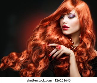 Red Hair. Fashion Girl Portrait. Long Curly Hair