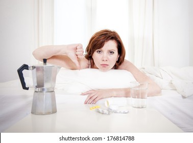 Red Hair Girl Hungover Wanting Coffee And Medication To Help With Her Hungover In Bed