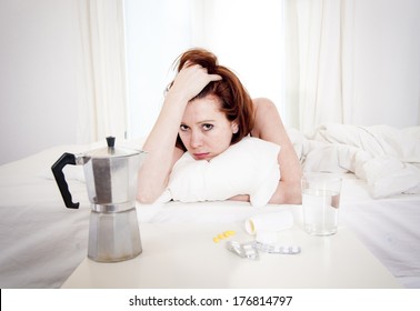 Red Hair Girl Hungover Wanting Coffee And Medication To Help With Her Hungover In Bed