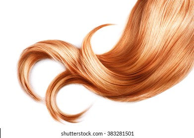 Red Hair isolated over white background. Shiny Healthy colored hair lock closeup