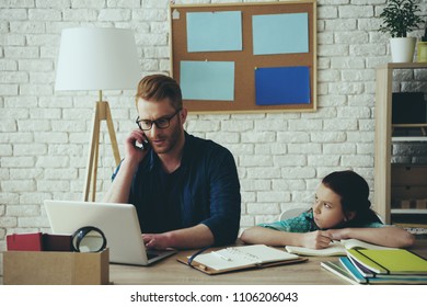 Red Haired Disgruntled Teen Girl Gets Angry With Father, Who Is Busy Doing Things. Fatherhood.