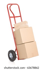 Red Hand Truck With Boxes. Isolated Over White Background