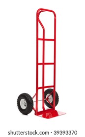 A Red Hand Truck/dolly On A White Background
