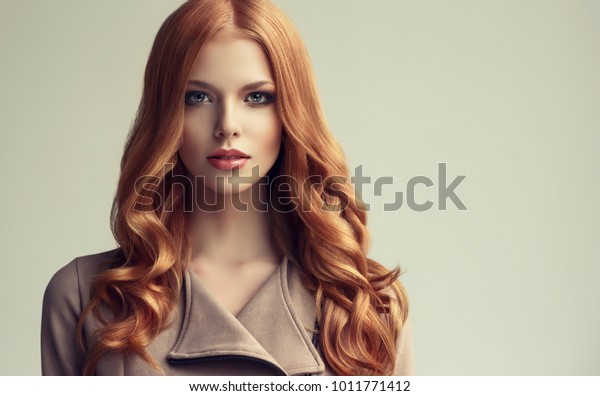 red head girl long shiny wavy stock photo edit now