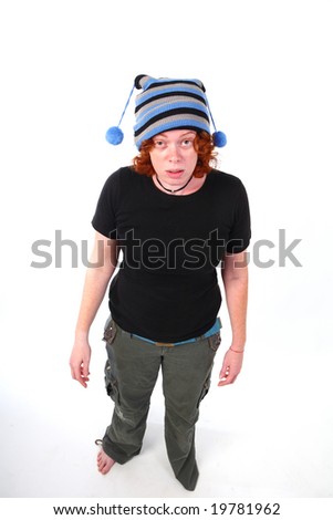 red head woman with funny hat