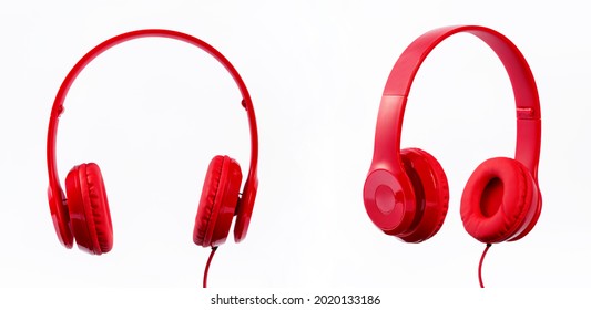 red headphones at different angles on a white background - Shutterstock ID 2020133186