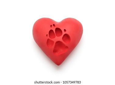 Red Heart With Dog Paw Print Over White Background With Clipping Path 