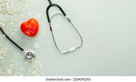 Red heart love shape hand exercise ball with stethoscope on blue background with flowers. Health care, organ donation, love and family insurance concept, world heart day. Flat lay, copy space - Shutterstock ID 2254391355