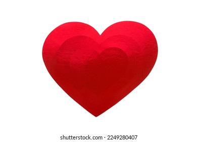 Red heart made of shiny colored paper isolated on white background.