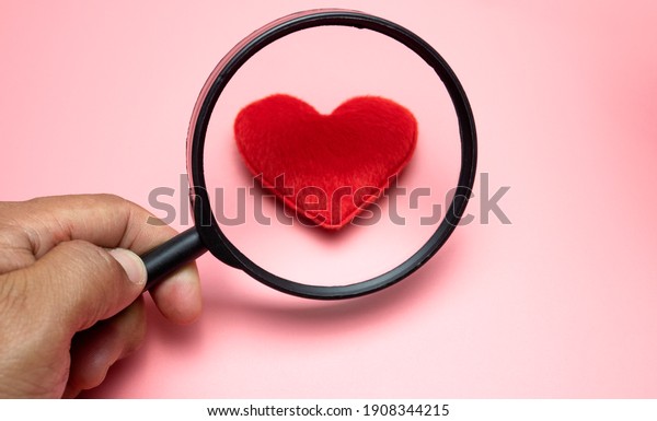 Red Heart Magnifying Glass On Pink Stock Photo (edit Now) 1908344215