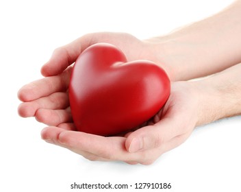 Red Heart In Man Hands, Isolated On White