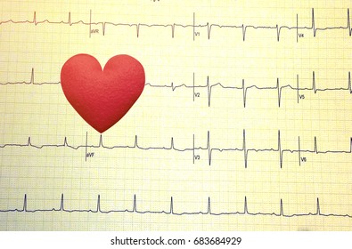 Red Heart On Echo Cardiogram Graph Background.