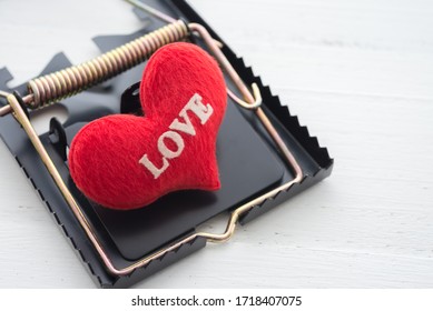 Red Heart In A Rat Trap On White Wooden Background. Online Internet Romance Scam, Swindler Or Valentine Day In Darkside Concept. Love Is Bait Or Victim.