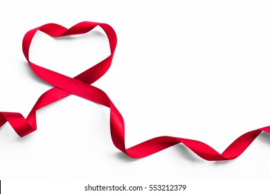 Red Heart Ribbon Isolated On White Background (clipping Path), Symbolic Concept For National Heart Month