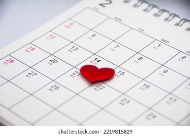 Red Heart Shape On 14th February Calender Month.