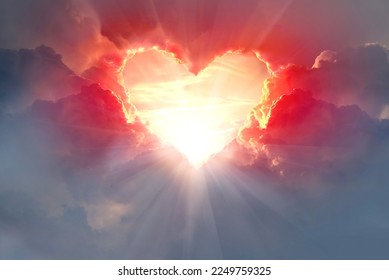  Red heart shaped clouds at sunset. Beautiful love background with copy space.Valentine's Day concept. - Shutterstock ID 2249759325
