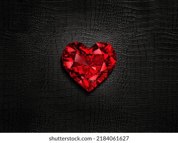 Red Heart Shaped Diamond, On A Black Leather Background